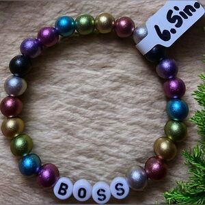 Matte Metallic Multicolor Beaded Bracelet with 'BOSS' Charm ~ 6.5in.